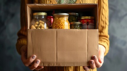 Female hands holding a cardboard box with food banks.