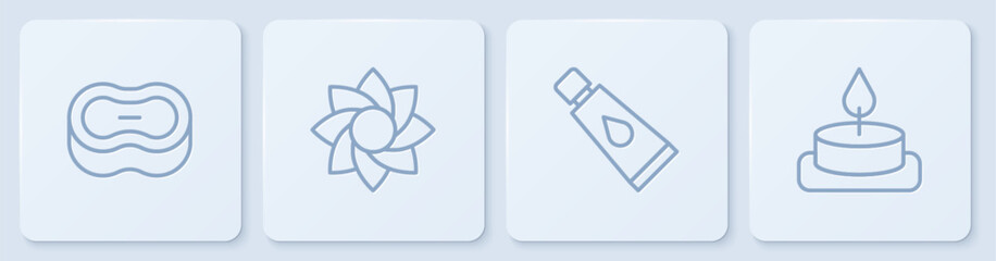 Set line Bar of soap, Cream or lotion cosmetic tube, Flower and Aroma candle. White square button. Vector