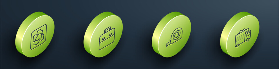 Set Isometric line Gold nugget, Briefcase, Roulette construction and Mining dump truck icon. Vector