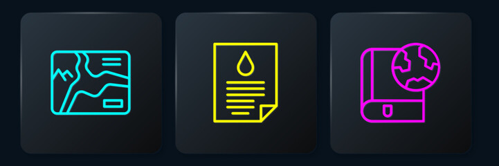 Set line Topographic map, Earth globe and book and Oil drop document. Black square button. Vector