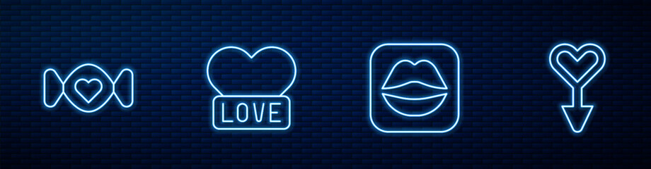 Set line Smiling lips, Candy, Heart and Female gender symbol. Glowing neon icon on brick wall. Vector