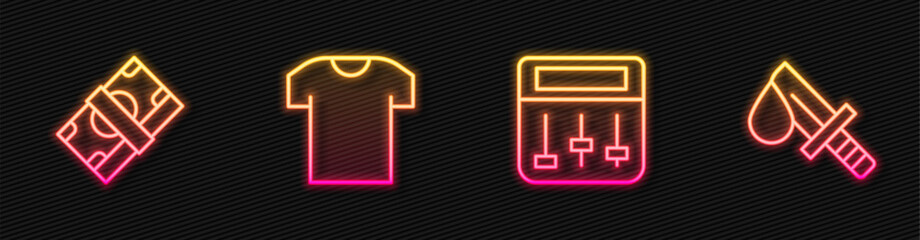 Set line Drum machine music, Stacks paper money cash, T-shirt and Bloody knife. Glowing neon icon. Vector