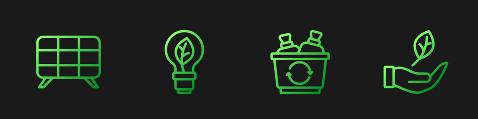 Set line Recycle bin, Solar energy panel, Light bulb with leaf and Leaf hand. Gradient color icons. Vector