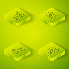 Set Isometric line Gold bars 24k, Falling arrow with gold, and Growth icon. Vector