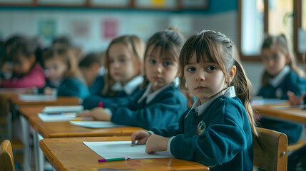 A group of children are sitting in a circle and drawing. The children are wearing school uniforms and are sitting on the floor
