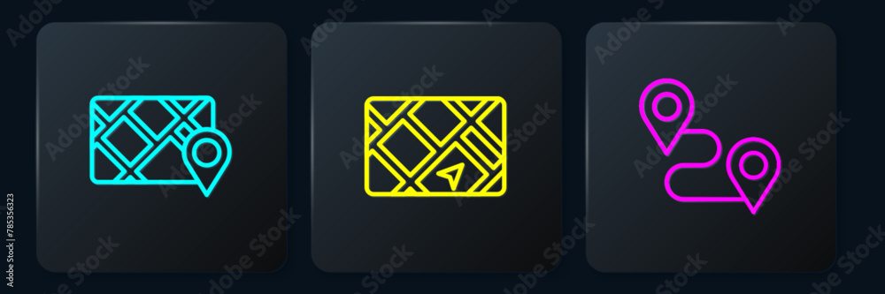 Poster set line gps device with map, route location and . black square button. vector