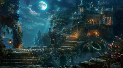 Fantasy dream world fairytale background digital art .