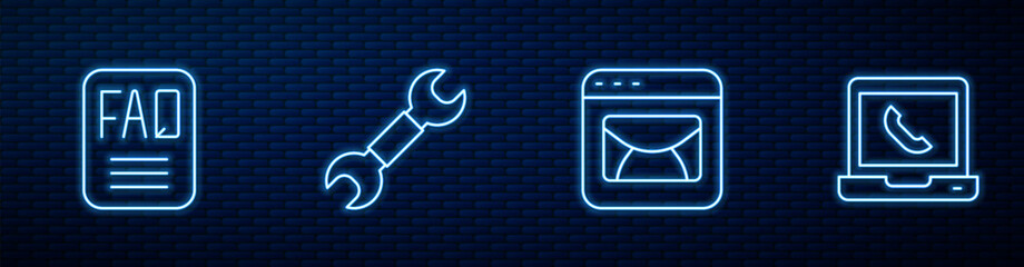 Set line Mail and e-mail, FAQ information, Wrench spanner and Telephone 24 hours support. Glowing neon icon on brick wall. Vector