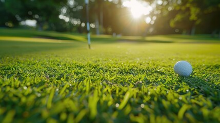 Green grass with golf ball close-up in soft focus at sunlight. Sport playground for golf club concept.