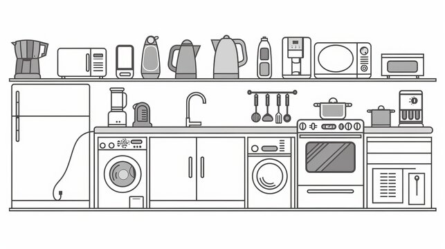 Concept illustration of home appliances and domestic electronics and machines in an outline style, depicting equipment elements for kitchen cooking, vacuum cleaning, or laundry washing