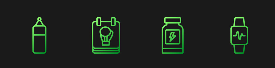 Set line Energy drink, Punching bag, Boxing glove and Smart watch with heart. Gradient color icons. Vector