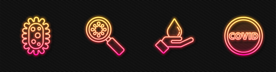 Set line Washing hands with soap, Virus, under magnifying glass and Corona virus covid-19. Glowing neon icon. Vector