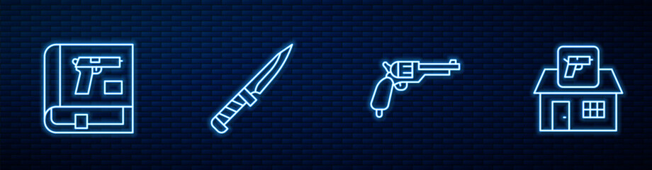 Set line Revolver gun, Book with pistol or, Military knife and Hunting shop weapon. Glowing neon icon on brick wall. Vector
