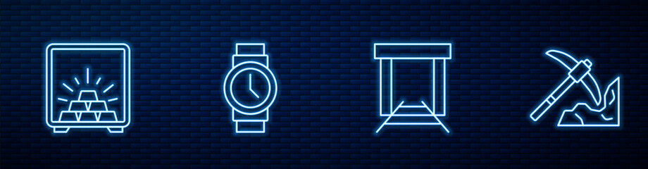 Set line Gold mine, Safe with gold bars, Wrist watch and mining. Glowing neon icon on brick wall. Vector