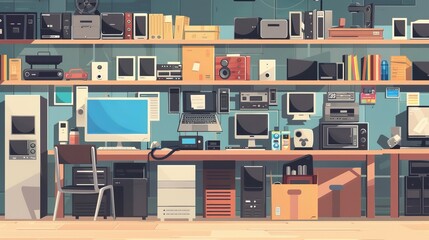 Flat background illustration of an electronics store selling computers, TVs, cellphones, and home appliance products, ideal for posters or banners