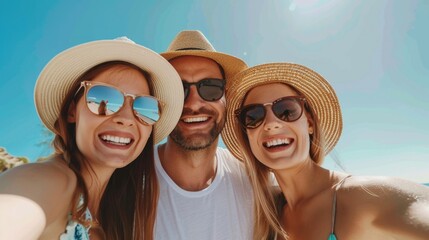 Happy family in sunglasses and straw hats taking selfie on the beach, having fun together during summer vacation.