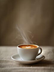 A classic, steaming cup of coffee with a rich, dark espresso topped with a delicate foam art, perfectly centered in a pristine white cup The focus is sharply on the coffee, capturing the intricate det
