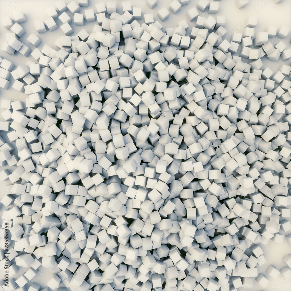 Poster randomly scattered white square cubes. 3d rendering digital illustration