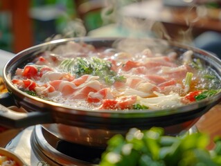 A Thaistyle hot pot with succulent slices of pork, sharply focused on the hot pot, sitting on a table, captured in 4K HD with no noise