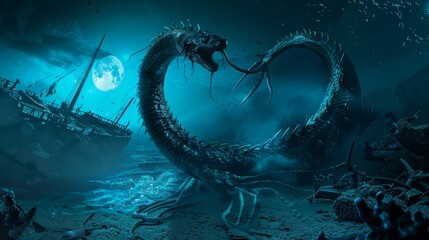 Mysterious Abyssal Sea Serpent Coiled Shipwreck Moonlight.