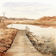 A watercolor illustration depicts a once water-filled landscape now facing drought, with a lonely dock leading into barren, cracked earth.