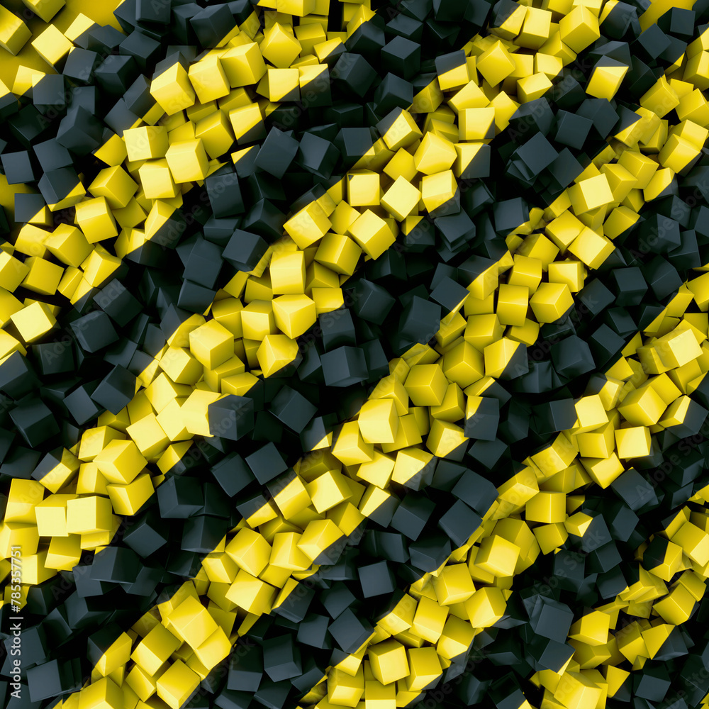 Poster A black and yellow striped pattern composed of many small three-dimensional cubes. 3d rendering illustration
