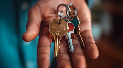 A hand person is holding a keychain with a few keys on it. a hand holding a set of keys, symbolises unity and strength, sense of community and empowerment within the context of a renters unio