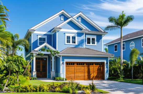Blue house with white trim and garage, in Florida, on the beach, with green grass, palm trees, sunny day, blue sky