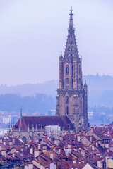 Foggy morning view of the cathedral in Bern - obrazy, fototapety, plakaty