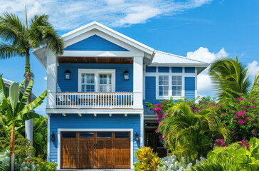 Fototapeta na wymiar Blue house with white trim and garage, in Florida, on the beach, with green grass, palm trees, sunny day, blue sky