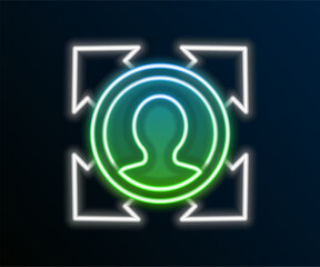 Glowing neon line Head hunting icon isolated on black background. Business target or Employment sign. Human resource and recruitment for business. Colorful outline concept. Vector