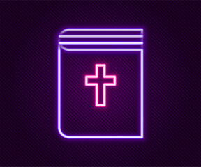 Obraz premium Glowing neon line Holy bible book icon isolated on black background. Colorful outline concept. Vector