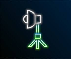Glowing neon line Studio light bulb in softbox icon isolated on black background. Shadow reflection design. Colorful outline concept. Vector