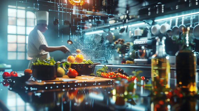 Experiment with CG 3D rendering to showcase an unexpected birds eye view of a holographic chef using advanced culinary tools in a virtual kitchen, blending the world of technology and gastronomy in a