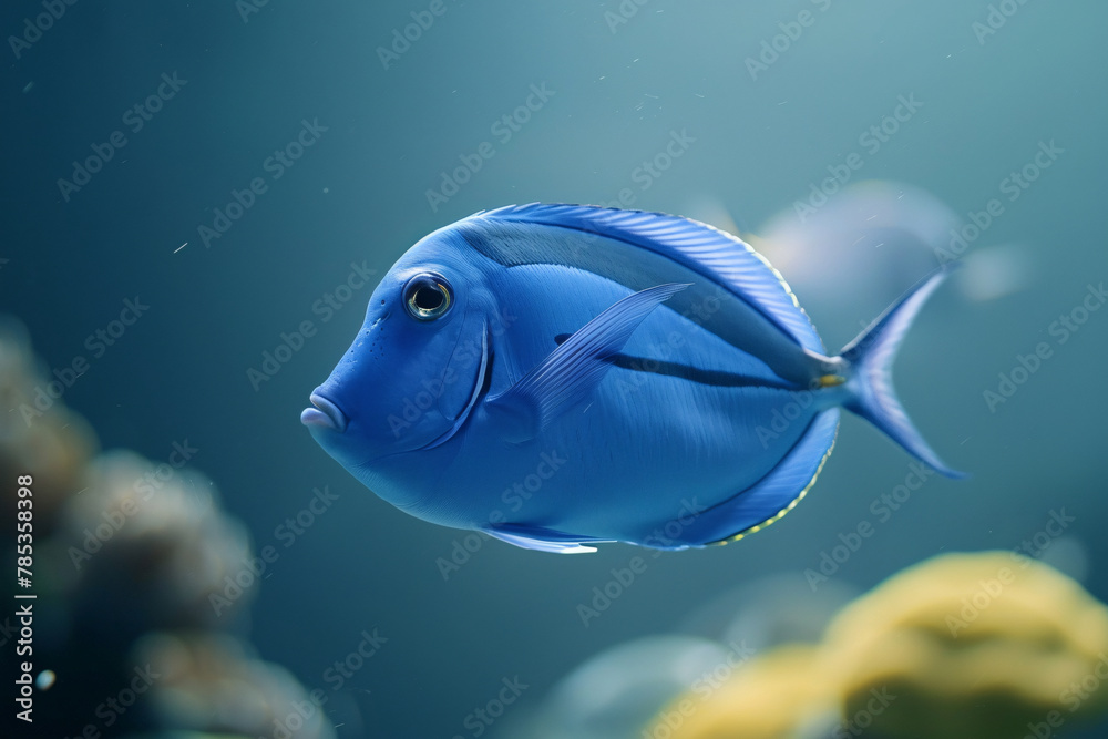 Wall mural blue tang fish dart through a glass tank