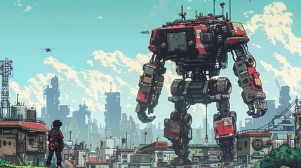 Explore the Robotic Wildlife from unexpected camera angles, emphasizing their mechanical features against a stark urban backdrop Utilize pixel art for a retro-futuristic feel