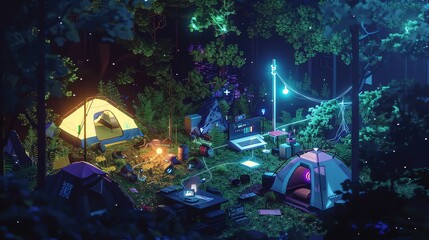 Illustrate a pixel art rendition of a high-tech outdoor camping setup seen from above in a wilderness setting Play with futuristic technologies and unique lighting effects to create a striking and ima