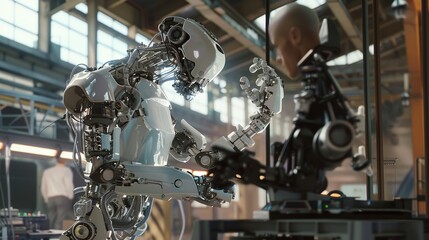 a human and a robot working together side by side in a factory, assembling products with precision and efficiency, symbolizing the collaboration and synergy between man and machine