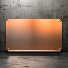 Orange large metal plate with rounded corners is mounted on the wall. It is a 3D rendering of a blank metallic signboard 
