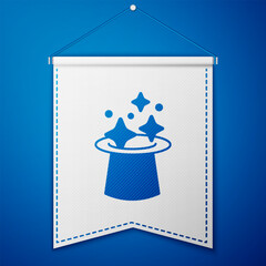 Blue Magic hat icon isolated on blue background. Magic trick. Mystery entertainment concept. White pennant template. Vector