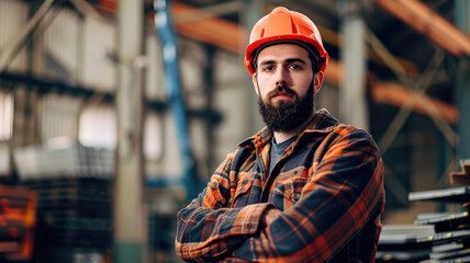 Confident worker in industrial setting - A confident male worker with a beard in a safety helmet standing with arms crossed in an industrial warehouse