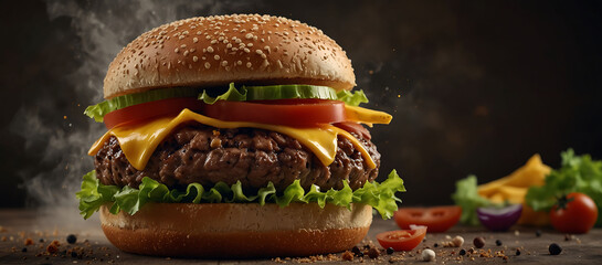 Delicious fresh cheeseburger with old grey background. Fresh american kitchen.  Fat unhealthy food close-up. - obrazy, fototapety, plakaty