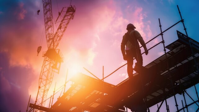 Construction worker silhouette against sunset - A construction worker's silhouette overlays a breathtaking sunset at a building site with cranes