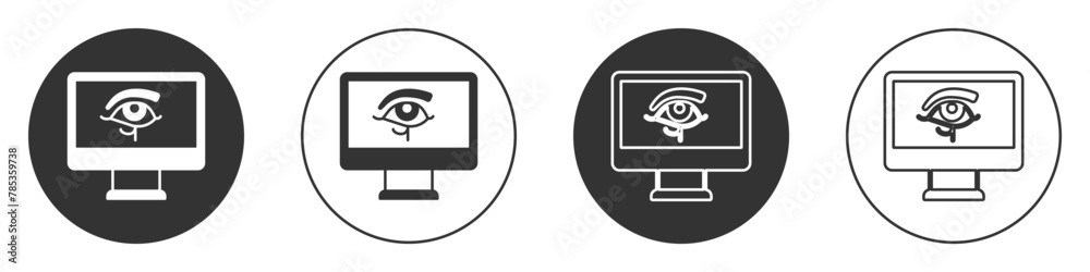 Wall mural Black Eye of Horus on monitor icon isolated on white background. Ancient Egyptian goddess Wedjet symbol of protection, royal power and good health. Circle button. Vector