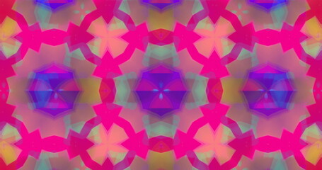 Image of kaleidoscopic colourful pink, green and yellow shapes moving hypnotically on purple backgro