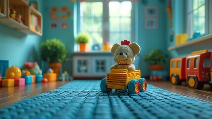 A teddy bear is having fun driving a toy truck in the playroom - obrazy, fototapety, plakaty