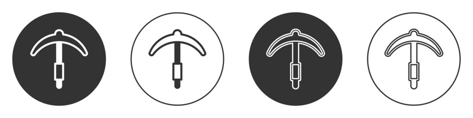 Black Pickaxe icon isolated on white background. Circle button. Vector