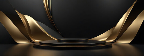 Empty black gold 3d podium stage background with geometric presentation platform luxury pedestal or golden product stand display. 3d Render Abstract Background Black And Gold Luxury Podium - obrazy, fototapety, plakaty