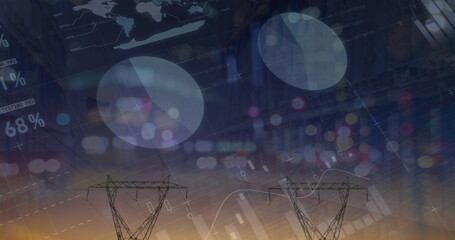 Image of graphs and financial data over electricity poles at sunset