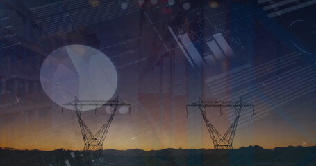 Image of graphs and financial data over electricity poles at sunset